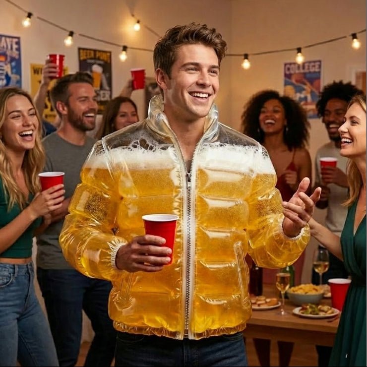 A smiling man wearing the Kouvr inflatable beer jacket and holding a red cup at a crowded house party.