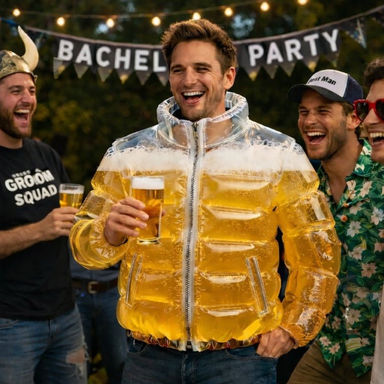 A man wearing the Kouvr inflatable beer puffer jacket laughing with friends at a bachelor party.