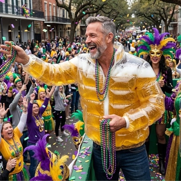 A happy man in a Kouvr inflatable beer jacket on a parade float during Mardi Gras, throwing beads.