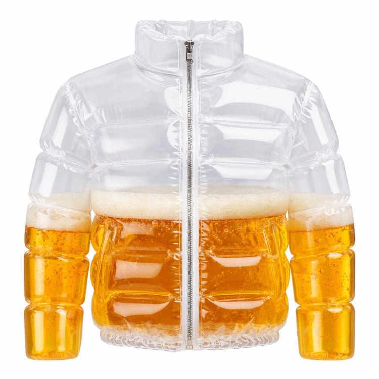 A studio product shot of the Kouvr inflatable beer puffer jacket on a white background.