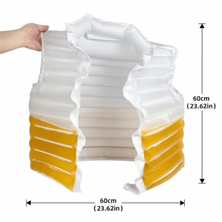 The Kouvr inflatable beer vest shown with dimensions indicating it is 60cm by 60cm.
