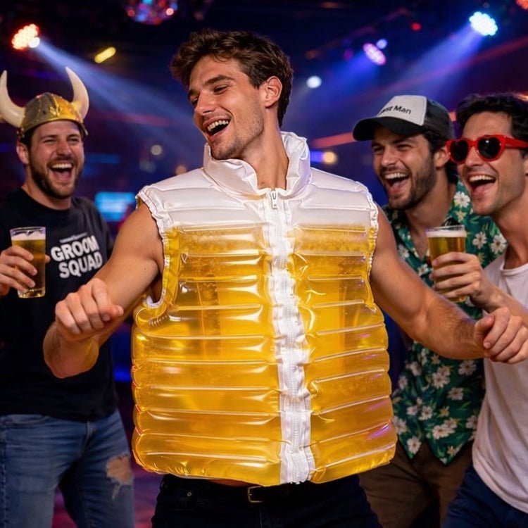 A man dancing and laughing with his friends while wearing the Kouvr inflatable beer vest at a party.