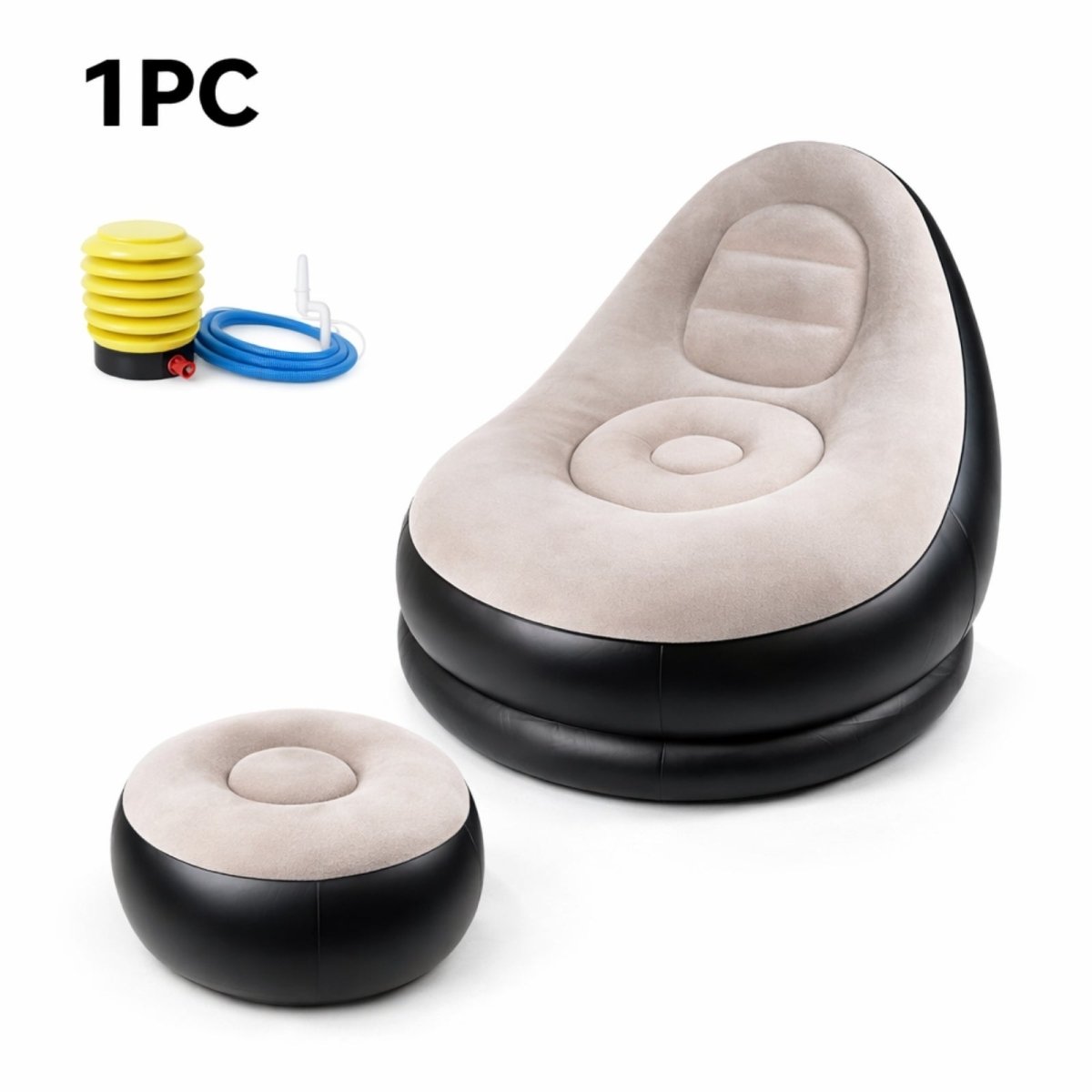 The complete Kouvr inflatable chair and ottoman set in red and white, shown with the included yellow and black manual air pump.