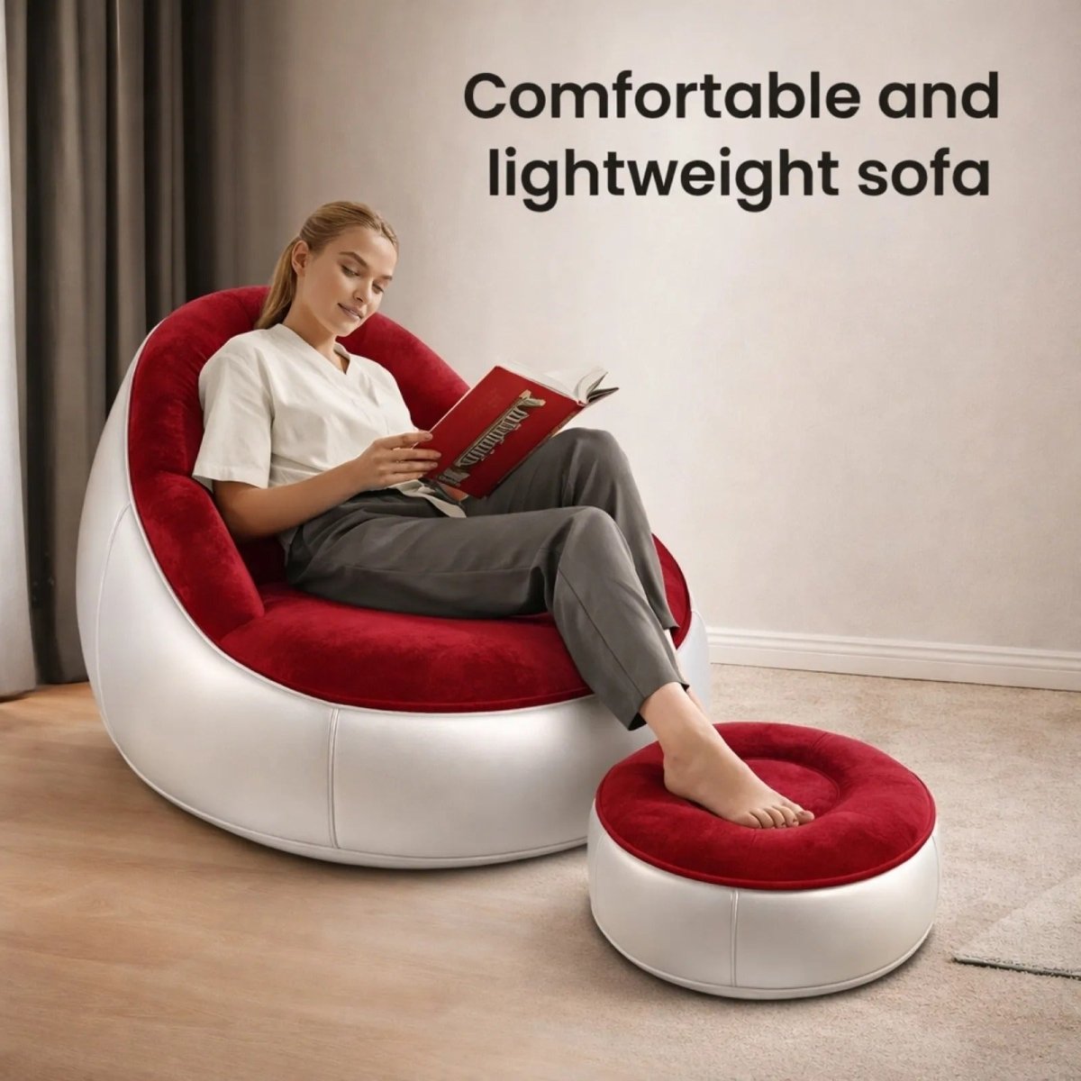 Detailed dimensions of the Kouvr inflatable lounge chair, showing a height of 68cm and width of 93.5cm, and the ottoman with a width of 46cm.