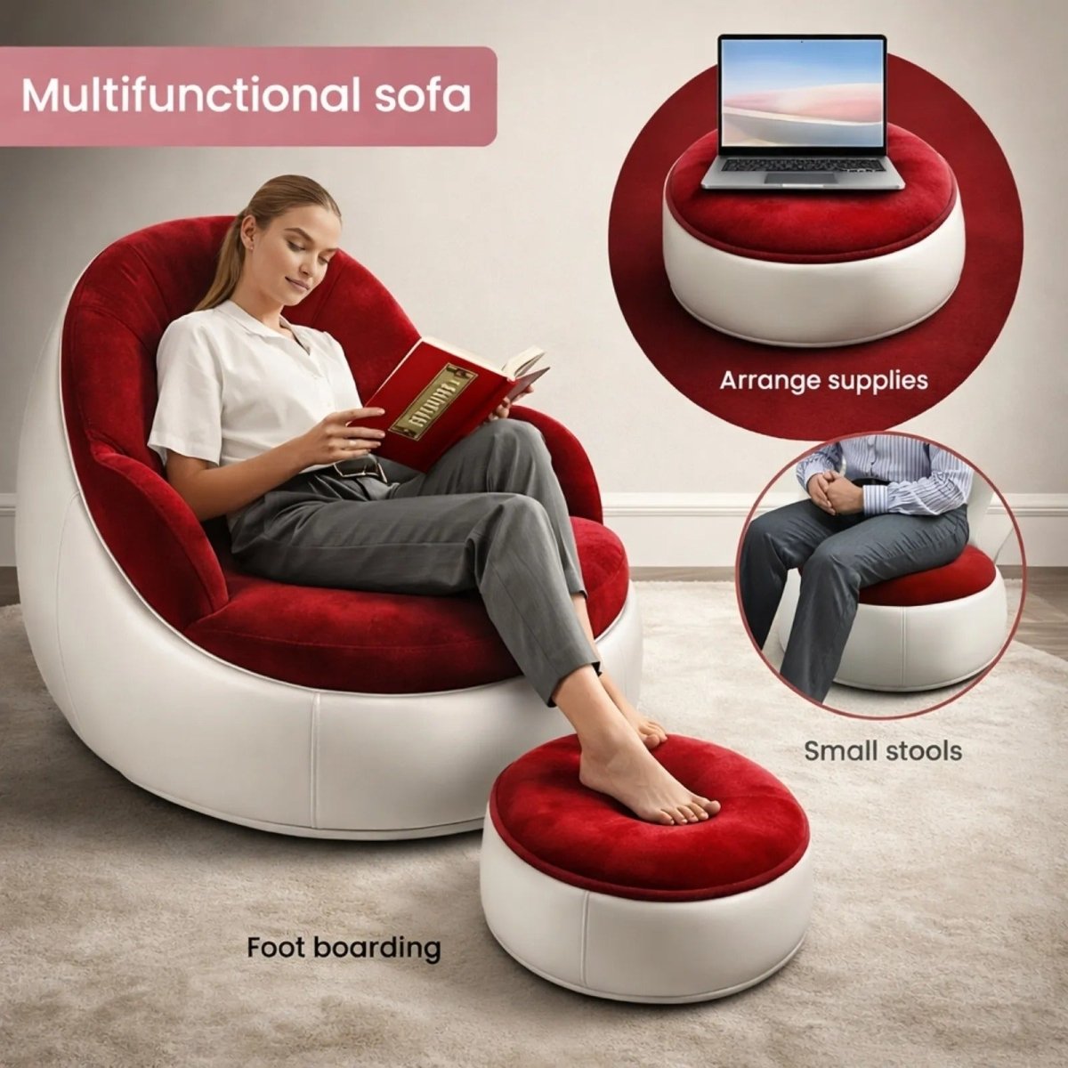 A woman relaxing and reading in the red Kouvr modern inflatable lounge chair with matching footrest ottoman in a brightly lit living room.