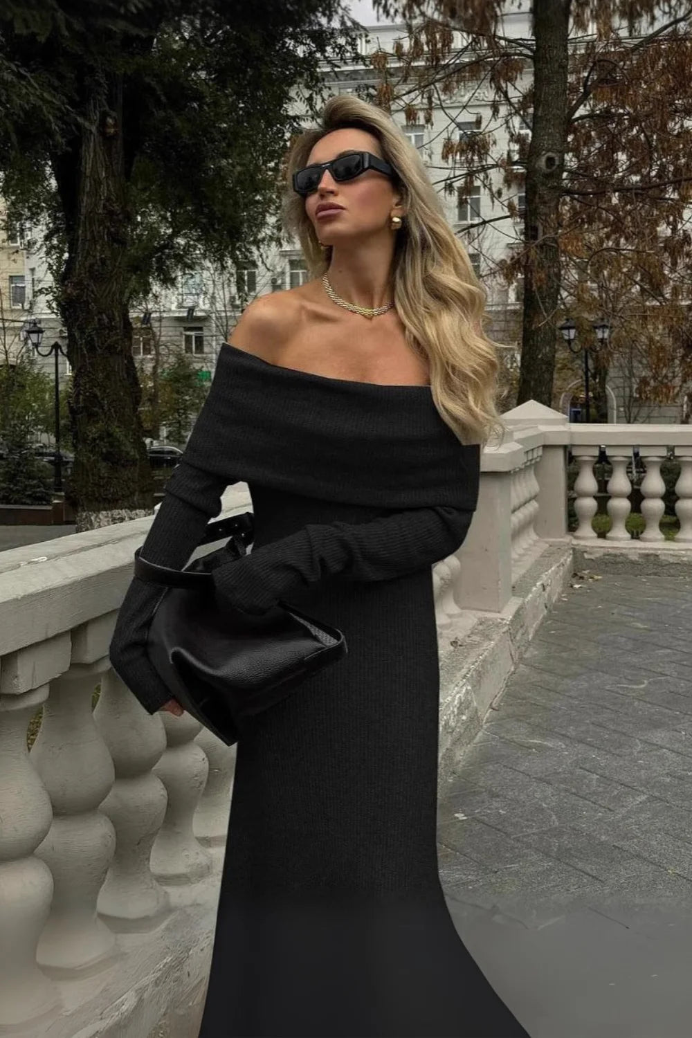 Black Off-Shoulder Knit Maxi Dress | Ribbed Long Sleeve Bardot Sweater Dress 