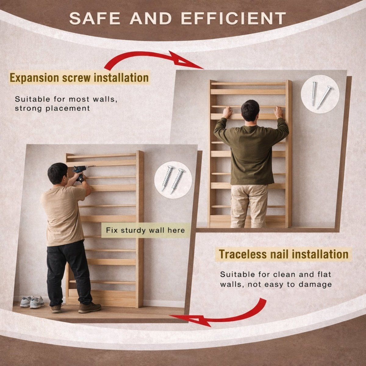 Comparison of installation methods for Kouvr shelf: heavy-duty expansion screws for homeowners versus traceless nails for renters.