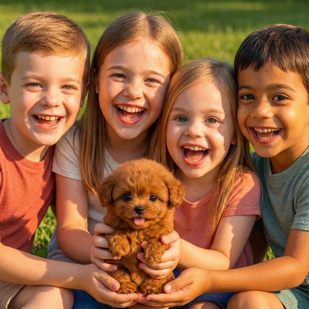 Four diverse, happy children laughing together while holding a brown Kouvr lifelike interactive puppy dog toy.