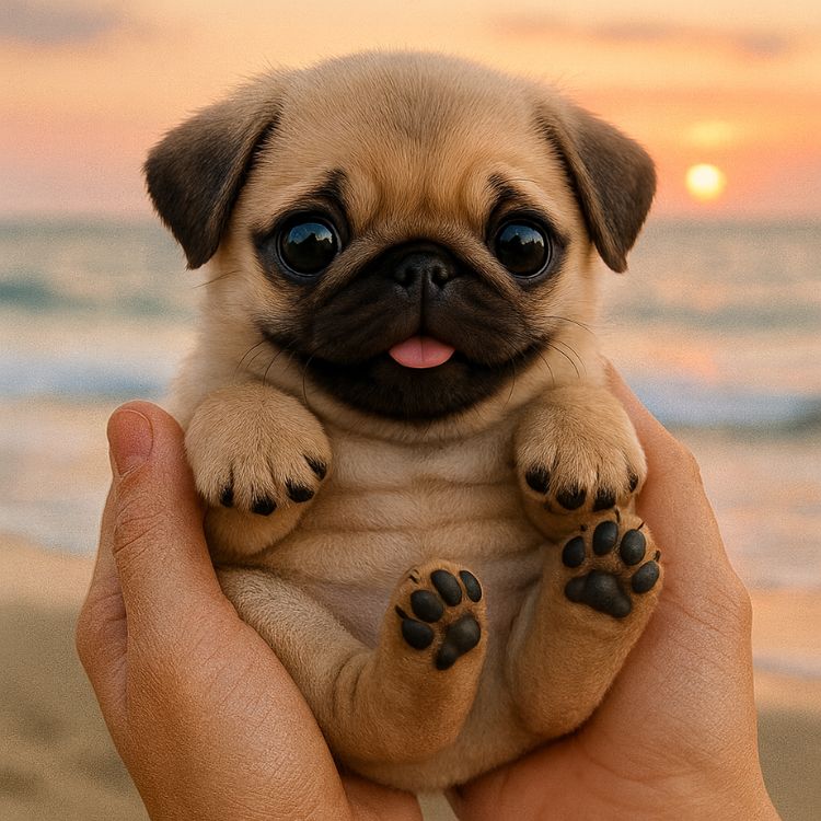 A person's hands holding the Kouvr interactive robot pug puppy toy against a beautiful beach sunset.