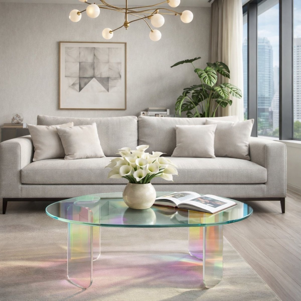 Modern oval iridescent acrylic coffee table by Kouvr reflecting rainbow spectrum colors in a luxury grey living room setting.