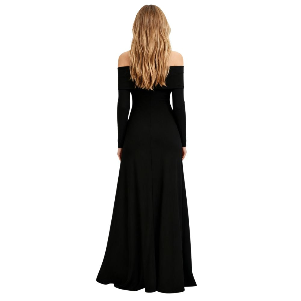 Black kouvr off-shoulder long-sleeve gown on a white background