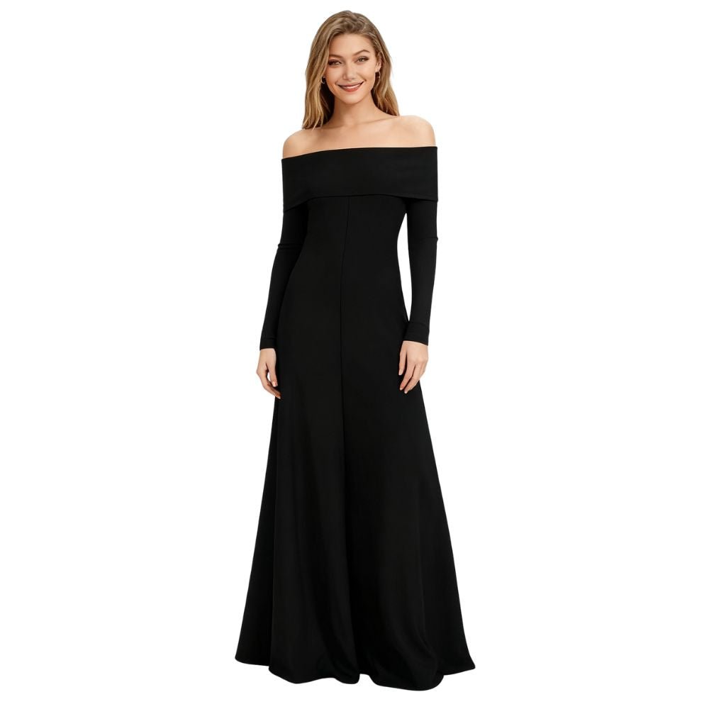 Black kouvr off-shoulder long-sleeve gown on a white background