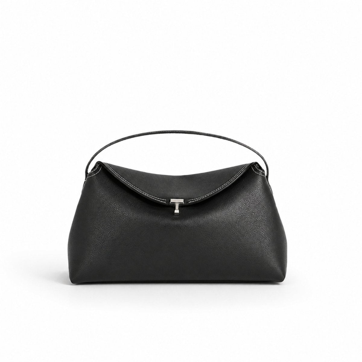 Front view of the Kouvr Iscah handbag in black grained leather, featuring a silver T-clasp closure and a structured top handle on a white background.