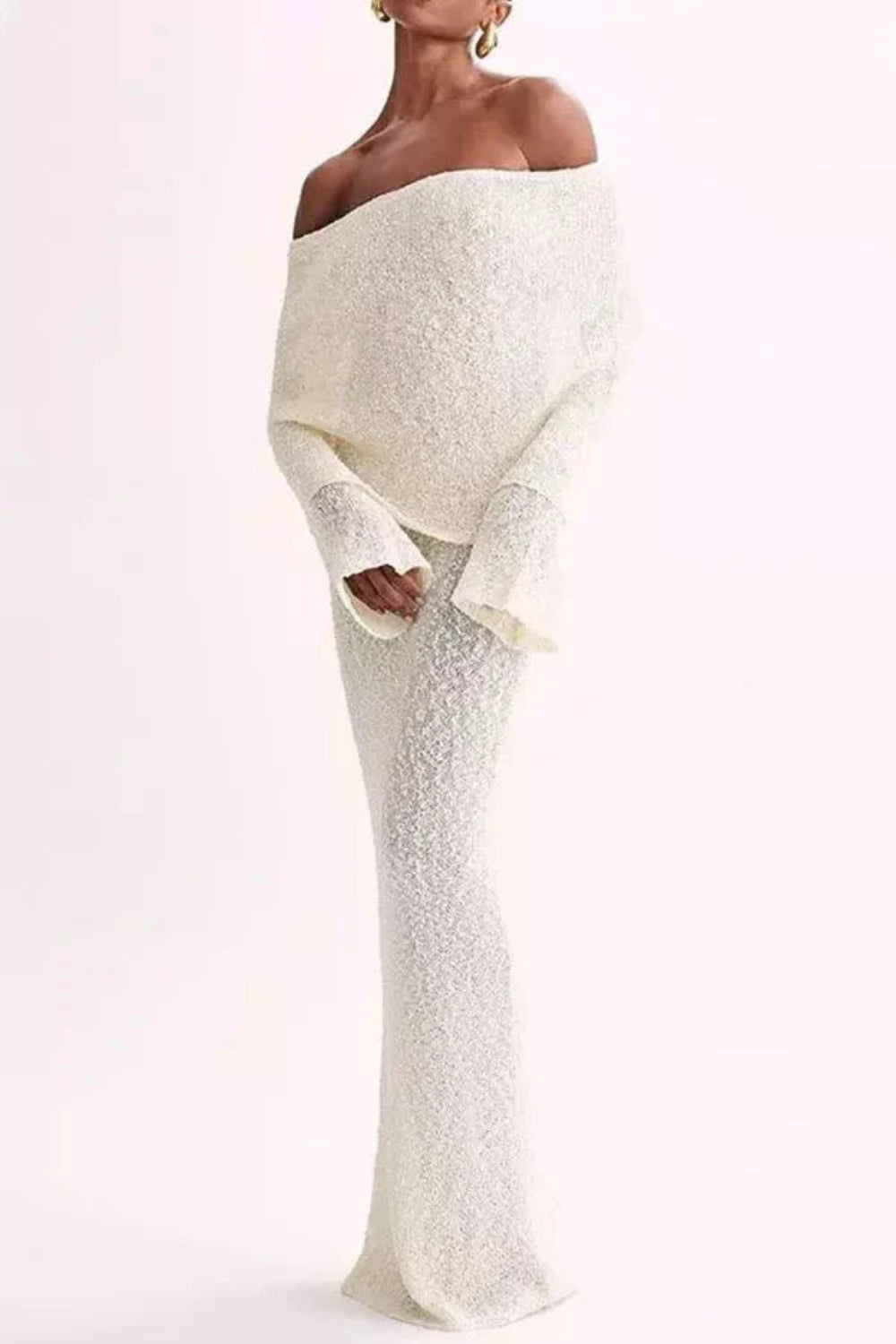 Ivory Off The Shoulder Knit Maxi Dress - Long Sleeve Formal Evening Gown |  Textured Column Sweater Dress for Women | Kouvr
