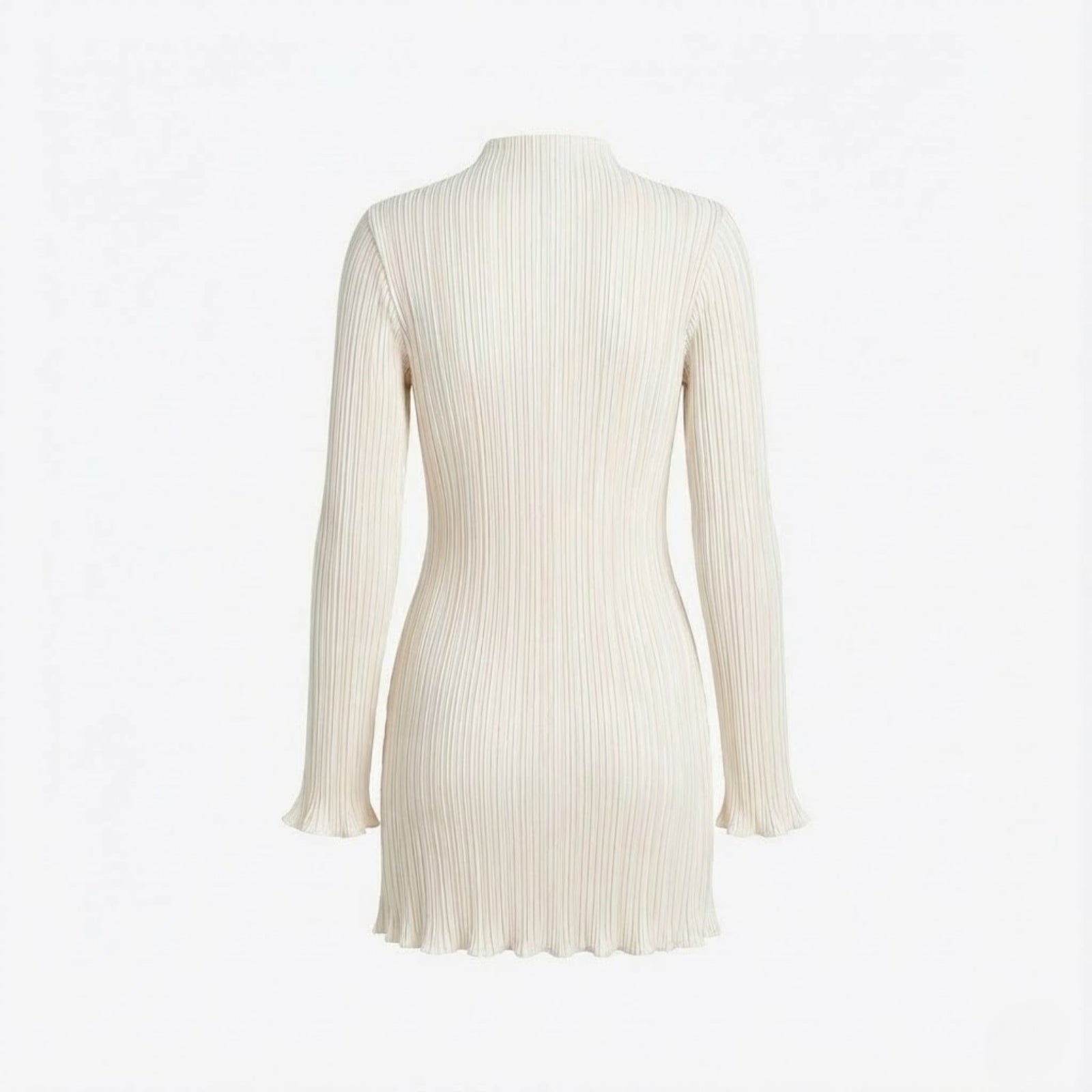 Flat lay of the back of the Kouvr ivory pleated mini dress, detailing the vertical pleats and shape.