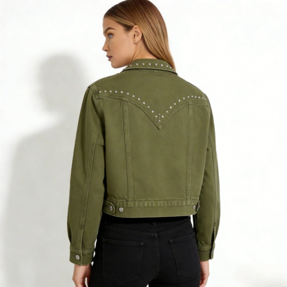 Back view of the Kouvr Fashion army green jacket, showcasing the western-inspired V-shaped stud pattern on the yoke.