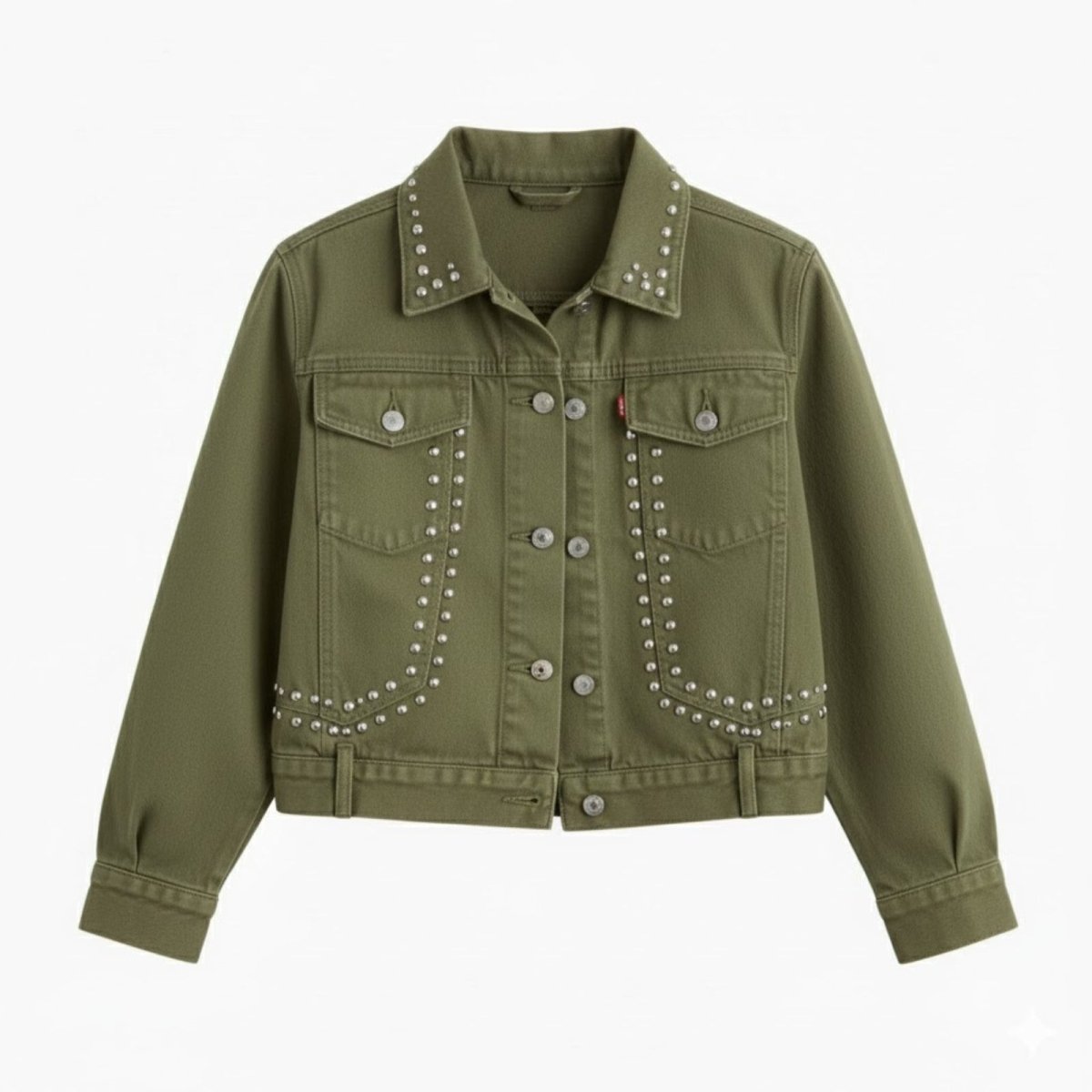 Flatlay product photo of the front of the Kouvr Fashion army green studded western jacket on a white background.