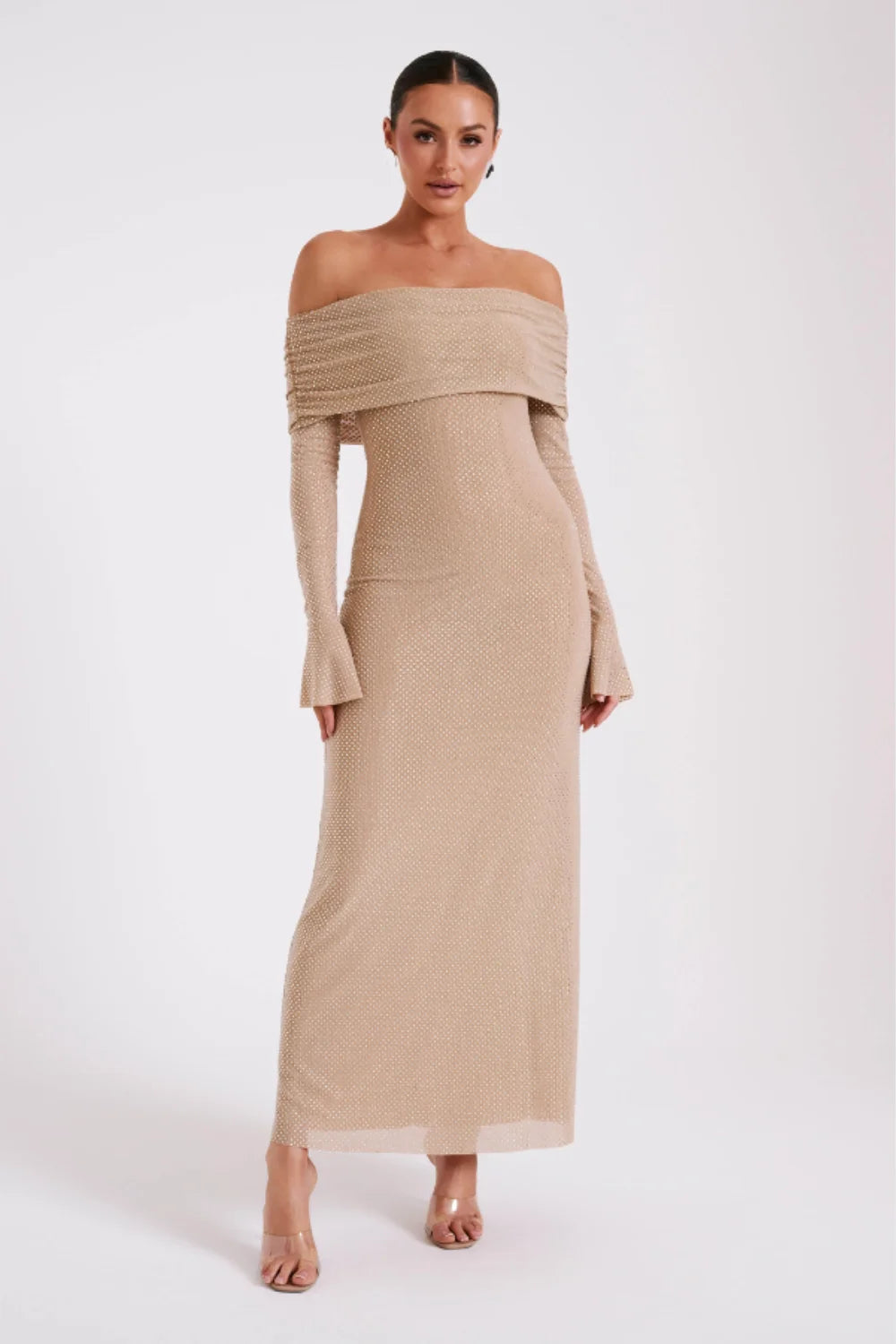 Beige Off Shoulder Crystal Maxi Gown | Long Sleeve Formal Evening Dress  with Bardot Neckline for Gala Wedding Guest | Kouvr Fashion