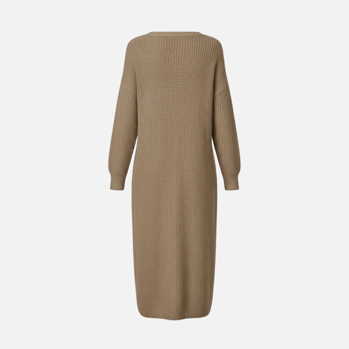 Flatlay image of the back of the Kouvr Janessa khaki long-sleeve knit dress against a plain background.