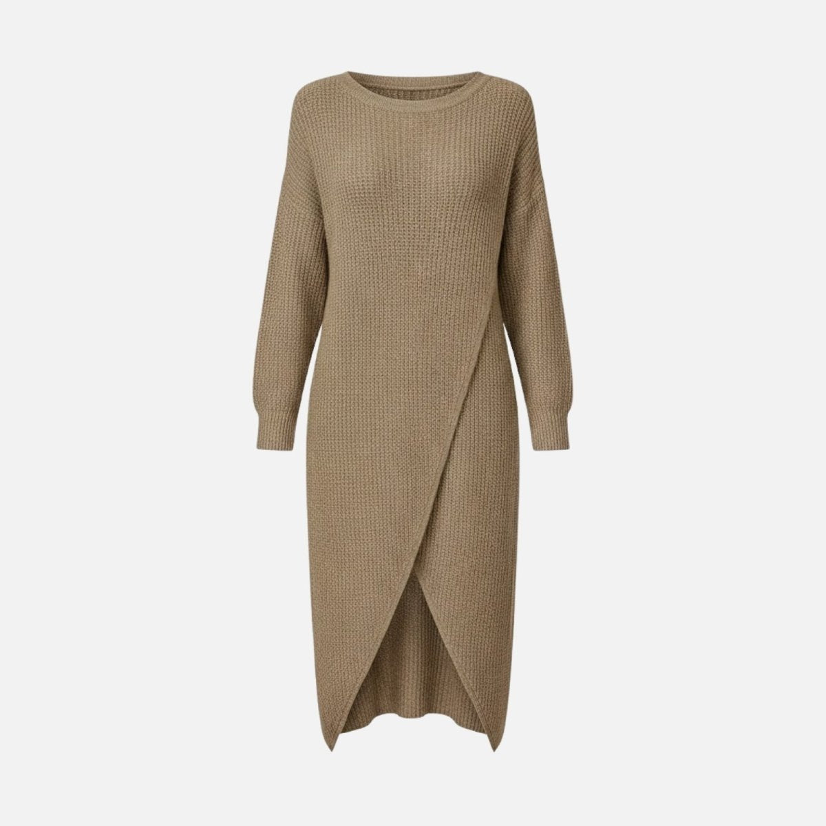 Flatlay image of the Kouvr Jnaessa khaki wrap knit dress, showing the front design and texture.