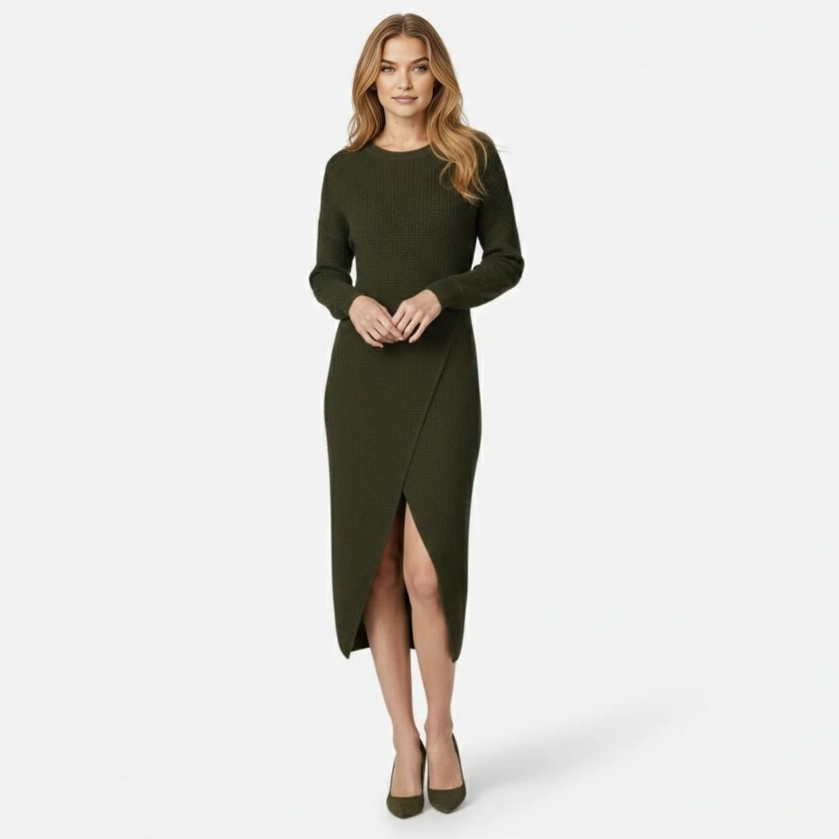 strapless open back dress Long Sleeve Midi Sweater Dress with Slit | Waffle Knit Bodycon Wrap  Pullover for Fall Winter | Elegant Casual Work Party Dress