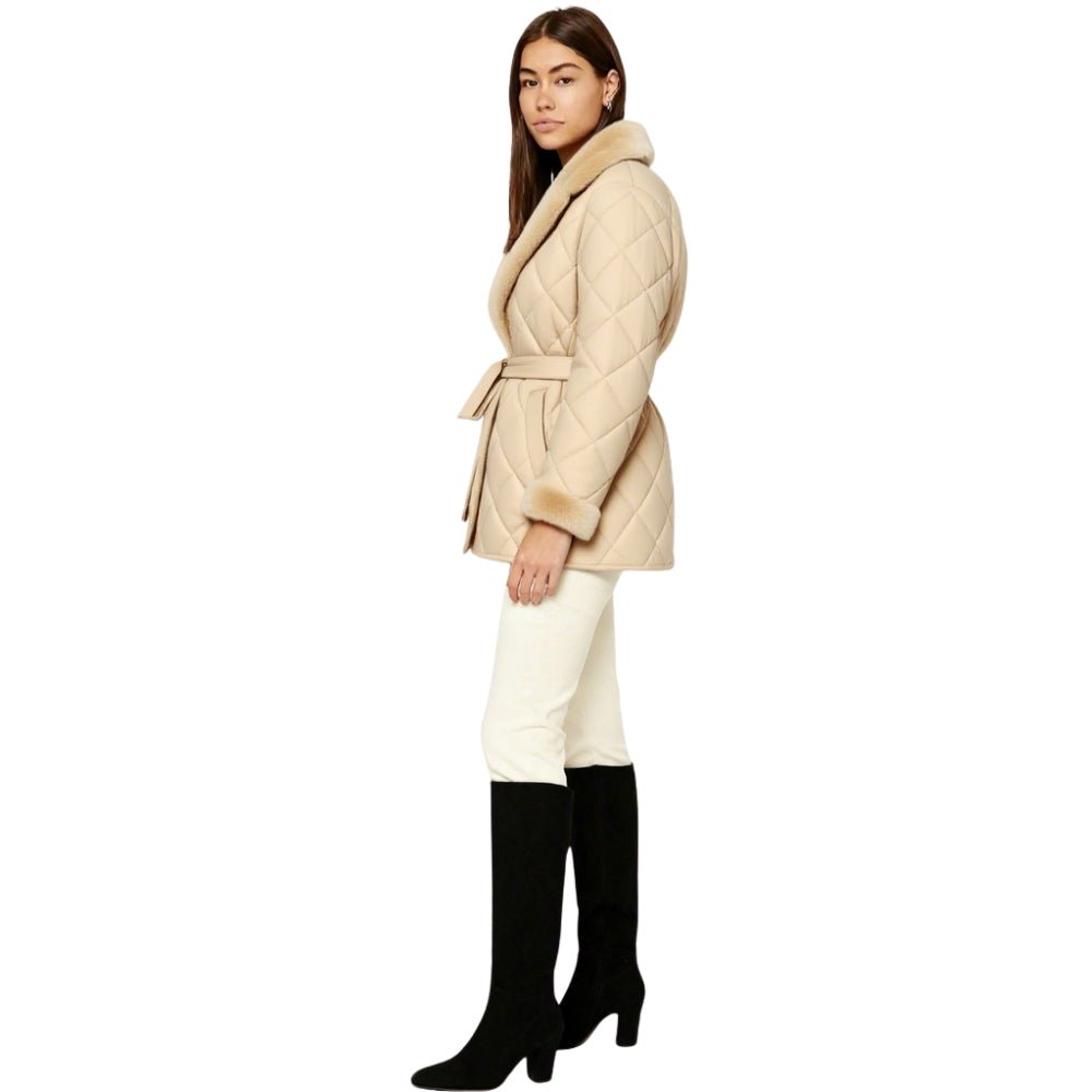 diamond stitch," "wrap silhouette," "shearling trim," and "thermal puffer