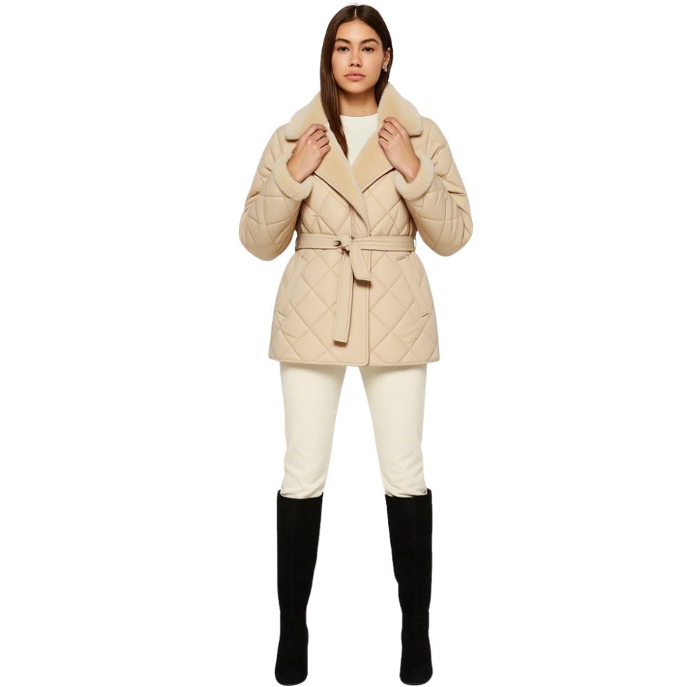 diamond stitch," "wrap silhouette," "shearling trim," and "thermal puffer