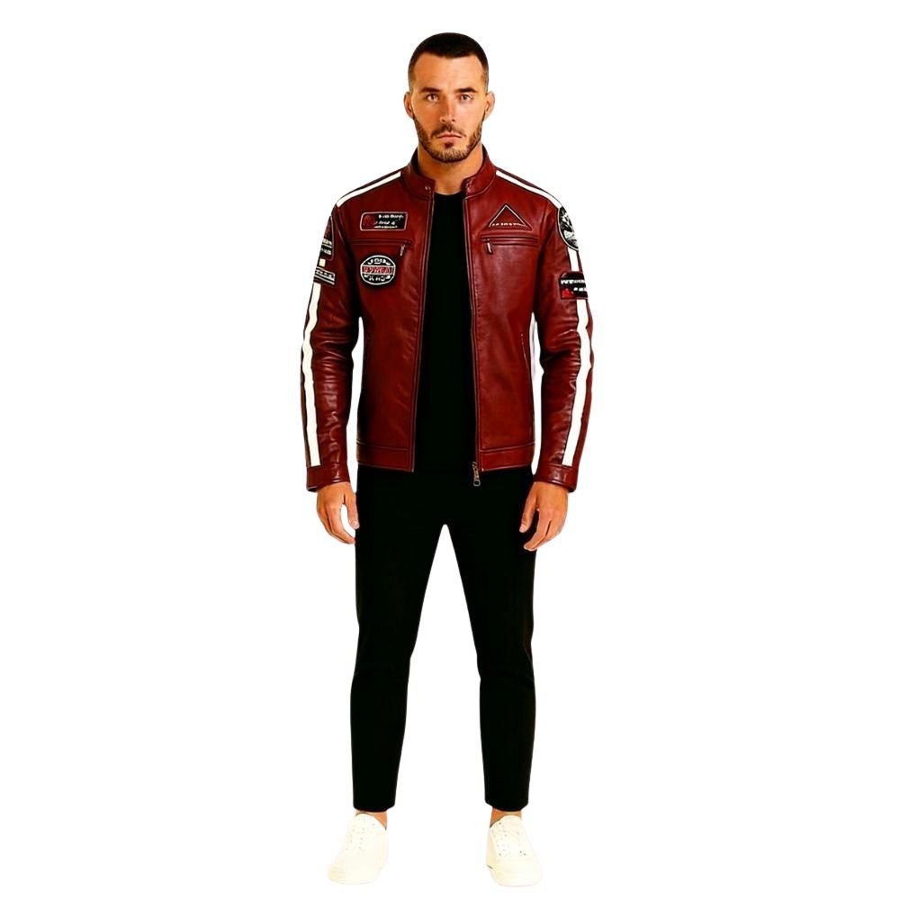 Man wearing a red kouvr leather jacket with patches on a white background