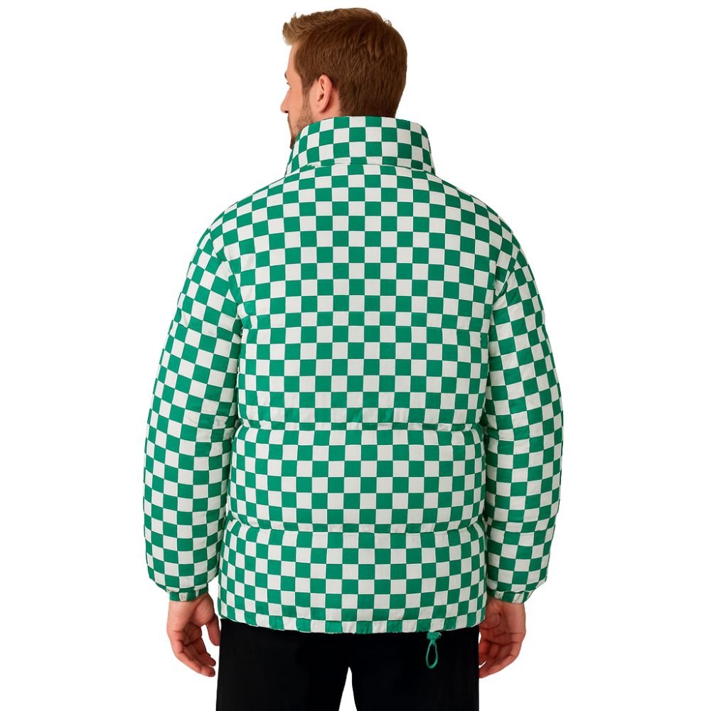 Kouvr Jaydon Men's Green and White Checkered Puffer Jacket with Stand Collar
