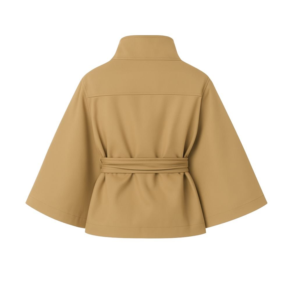 Kouvr Jaye Women's Belted Cape Jacket in Khaki with Funnel Neck