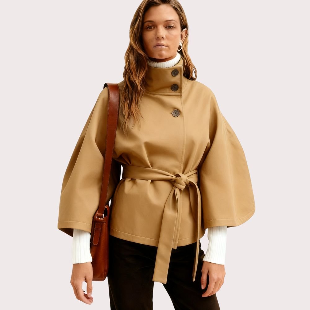 Kouvr Jaye Women's Belted Cape Jacket in Khaki with Funnel Neck