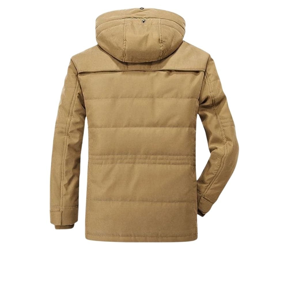 Men's khaki Jaylan Field Parka by Kouvr with hood up and fleece lining visible