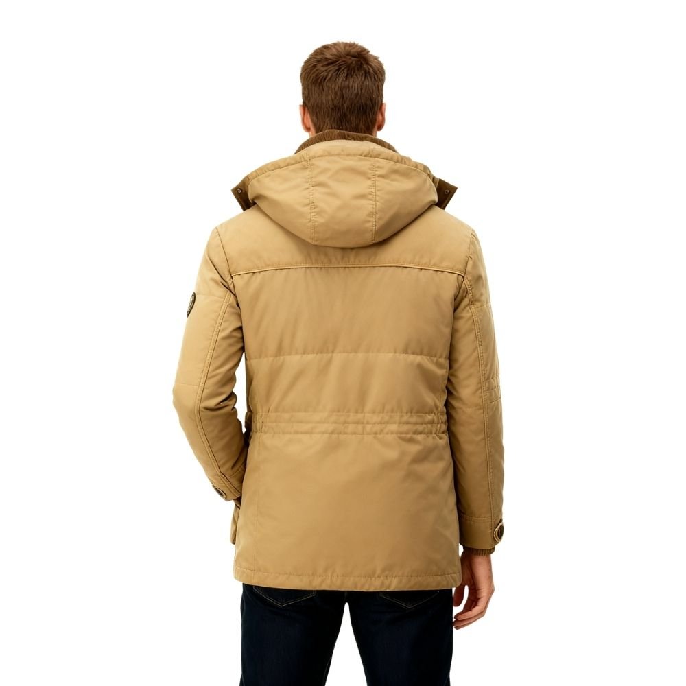 Men's khaki Jaylan Field Parka by Kouvr with hood up and fleece lining visible