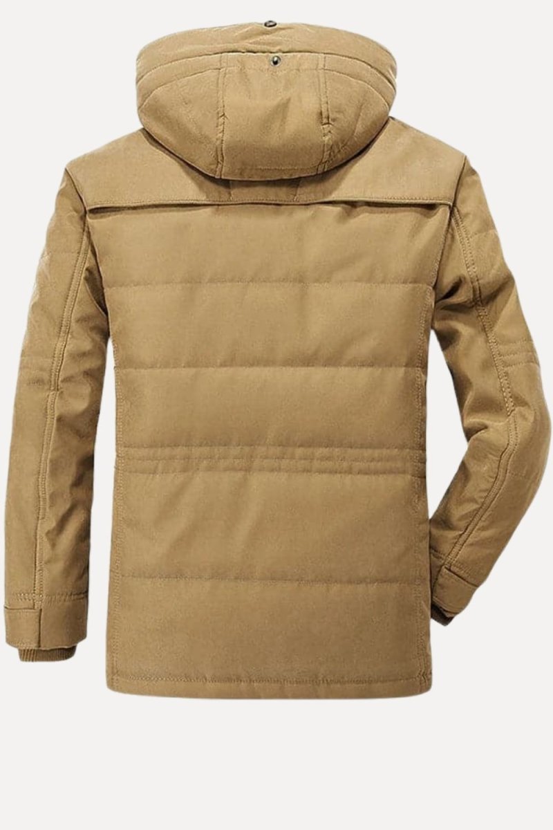 Men's khaki Jaylan Field Parka by Kouvr with hood up and fleece lining visible