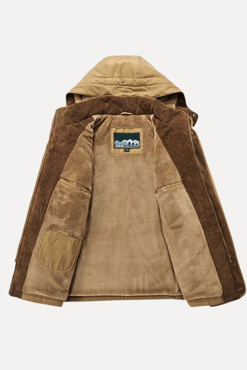 Men's khaki Jaylan Field Parka by Kouvr with hood up and fleece lining visible
