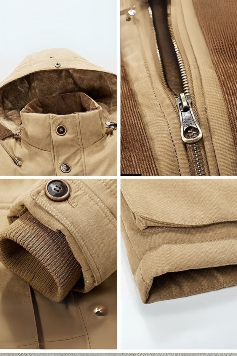 Men's khaki Jaylan Field Parka by Kouvr with hood up and fleece lining visible