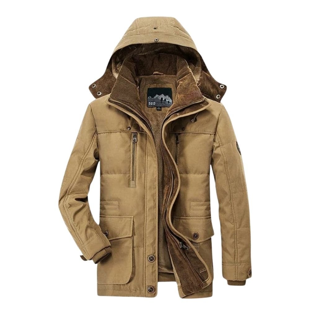 Men's khaki Jaylan Field Parka by Kouvr with hood up and fleece lining visible
