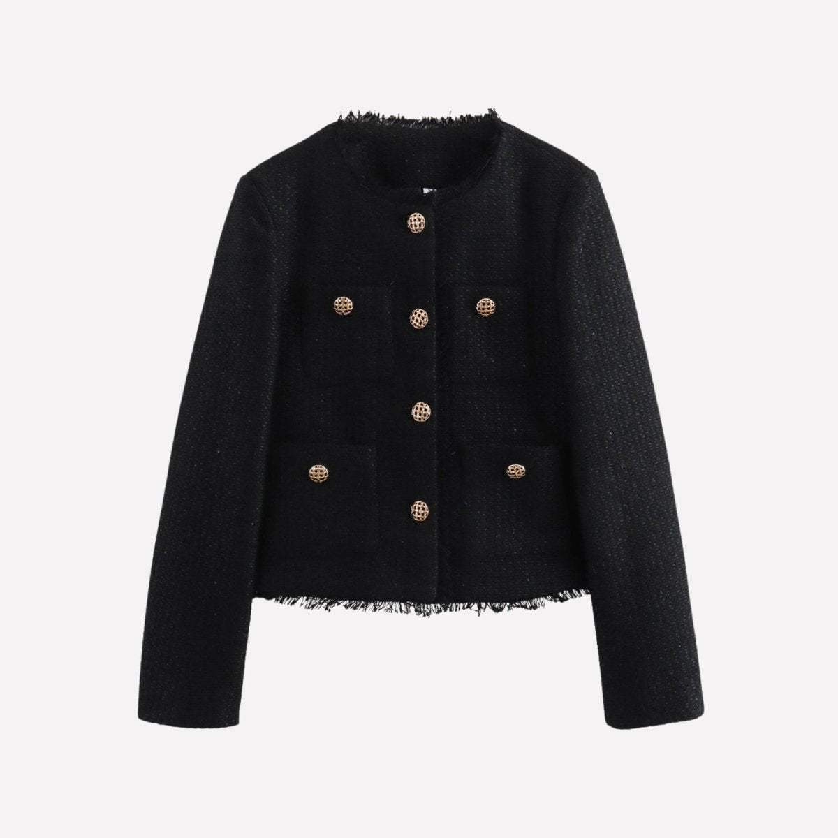 Flatlay product shot of the Kouvr Jelani Black Tweed Jacket, showing the garment's front details, including ornate gold buttons and fringe trim.