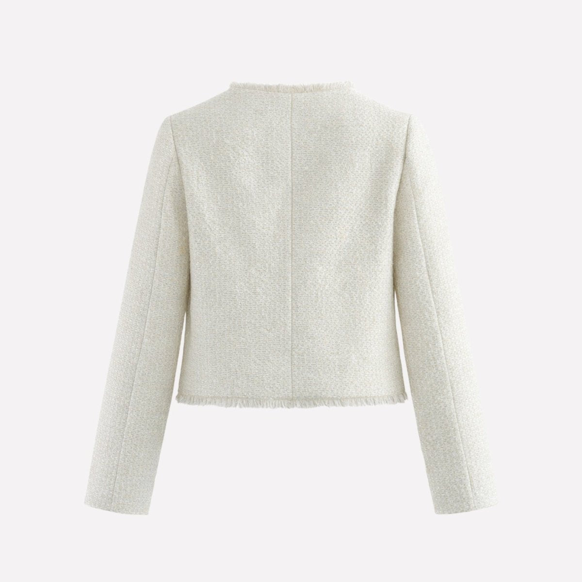 Flat lay showing the back construction and lining detail of the Kouvr Jelani white tweed jacket.