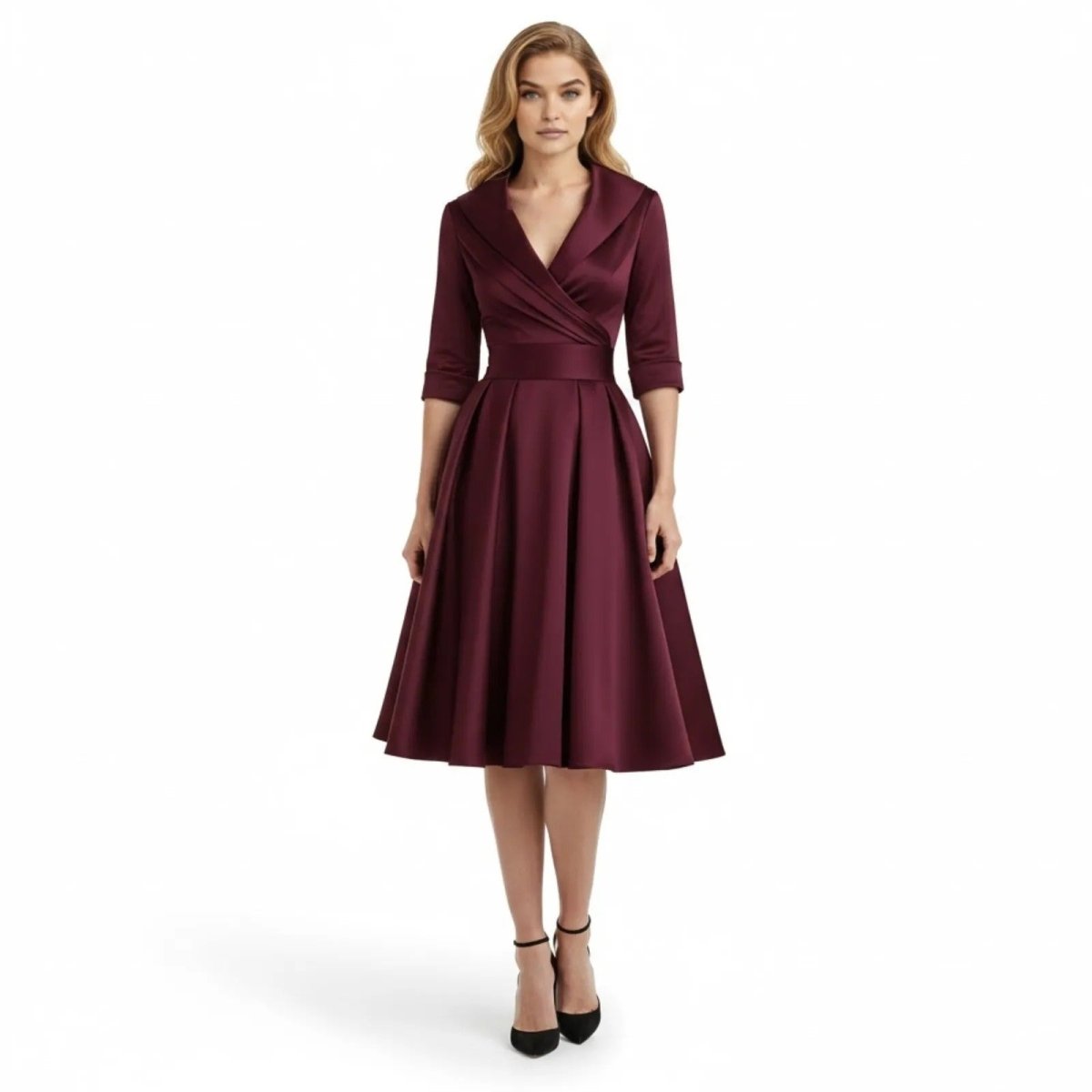 Model wearing the Kouvr Jenner burgundy satin midi dress with a shawl collar and three-quarter sleeves, front view.