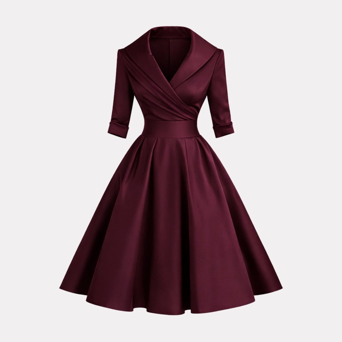 Front product shot of the Kouvr Jenner collared V-neck midi dress in burgundy satin.