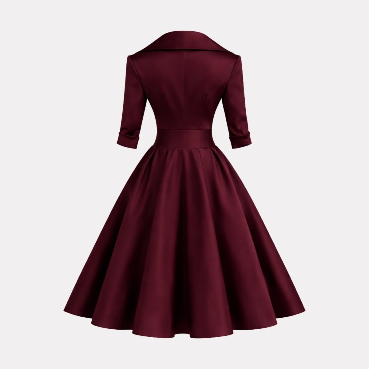 Back product shot of the Kouvr Jenner burgundy satin cocktail dress showing the zipper and collar construction.