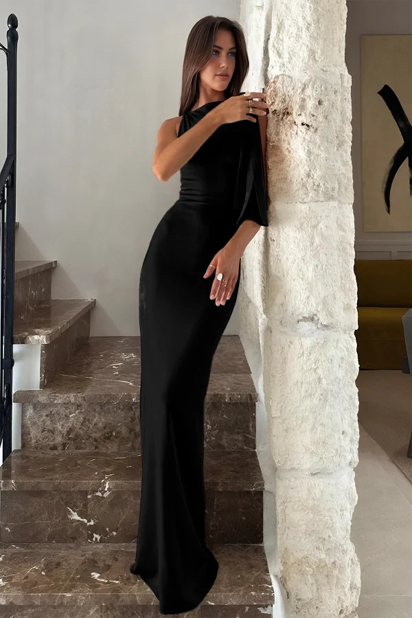 sculptural silhouette," "elegant draping," "figure-flattering," "minimalist formalwear," "event dressing," "gala attire