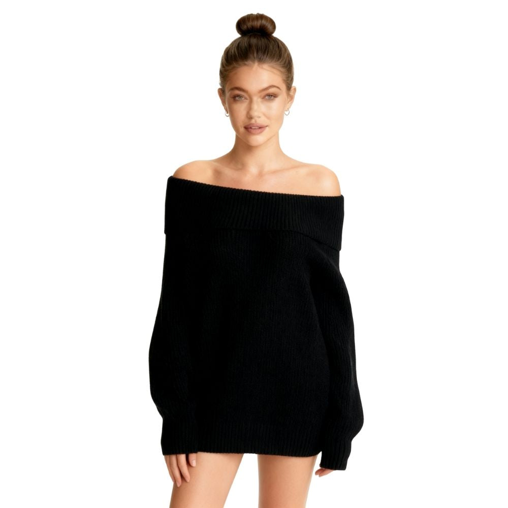 Woman wearing a black kouvr off-shoulder dress on a white background