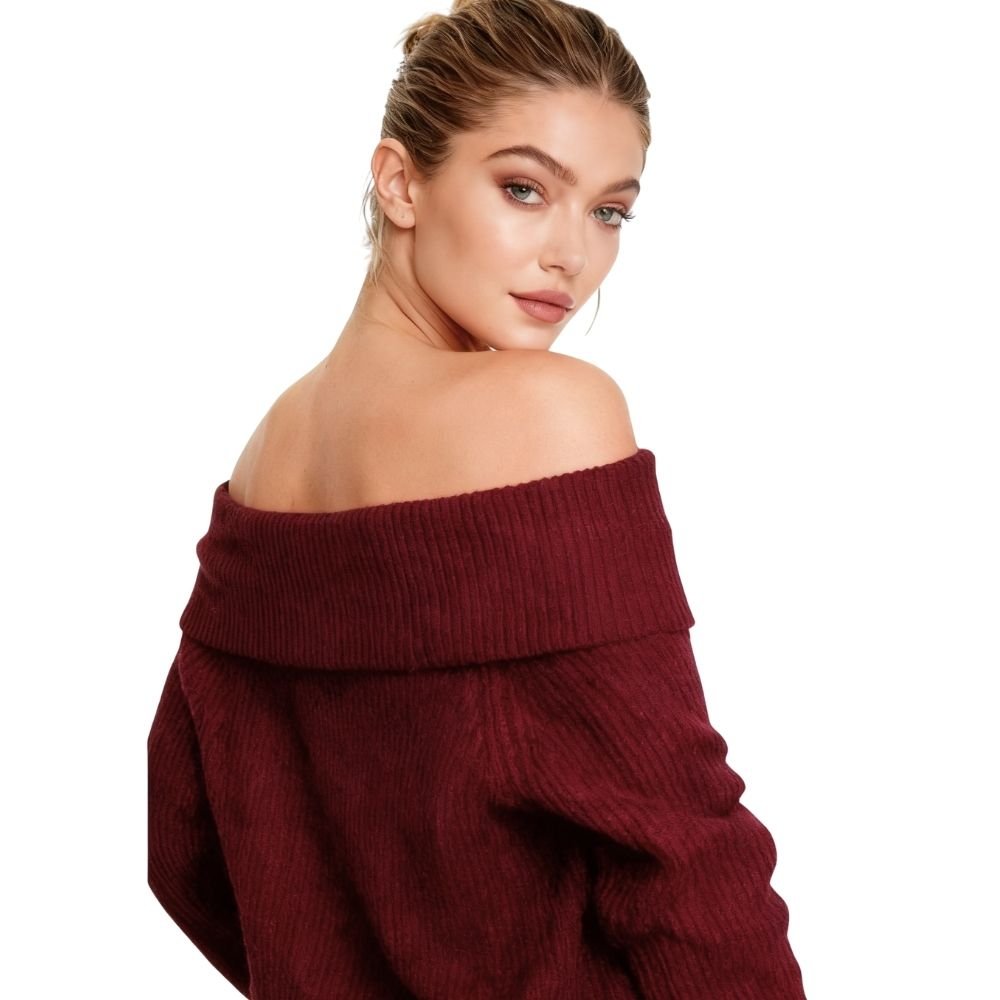 Woman wearing a burgundy kouvr off-shoulder sweater on a white background