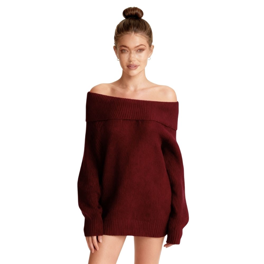 Woman wearing a burgundy kouvr off-shoulder sweater on a white background