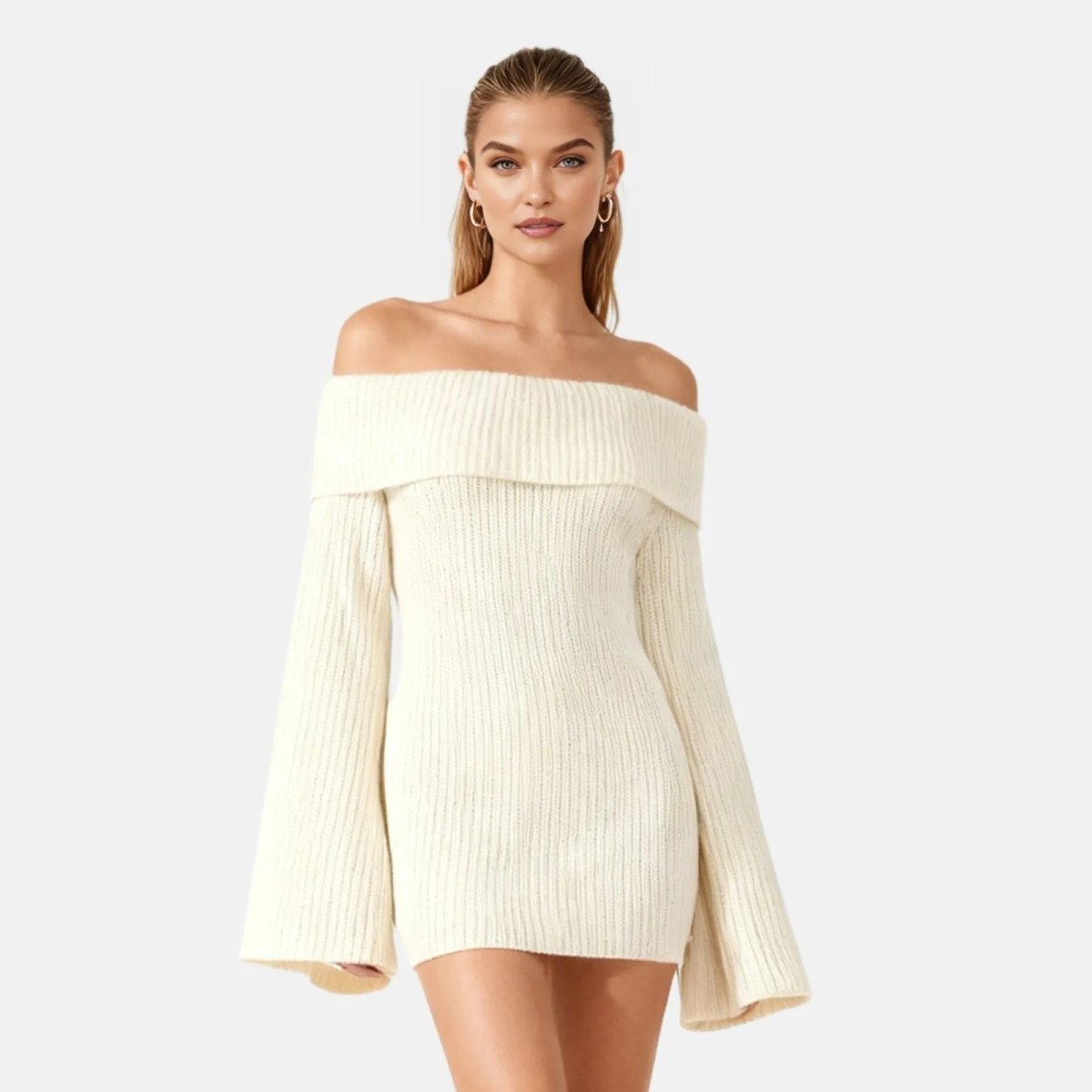 Off Shoulder Sweater Dress Ribbed Knit Long Bell Sleeve Mini Bodycon Dress  in for Women