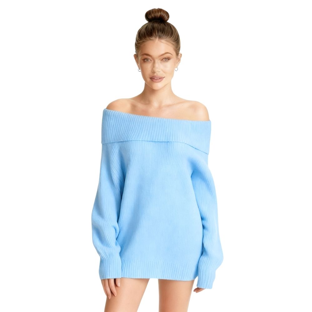 Woman wearing a  light blue kouvr off-shoulder sweater on a white background