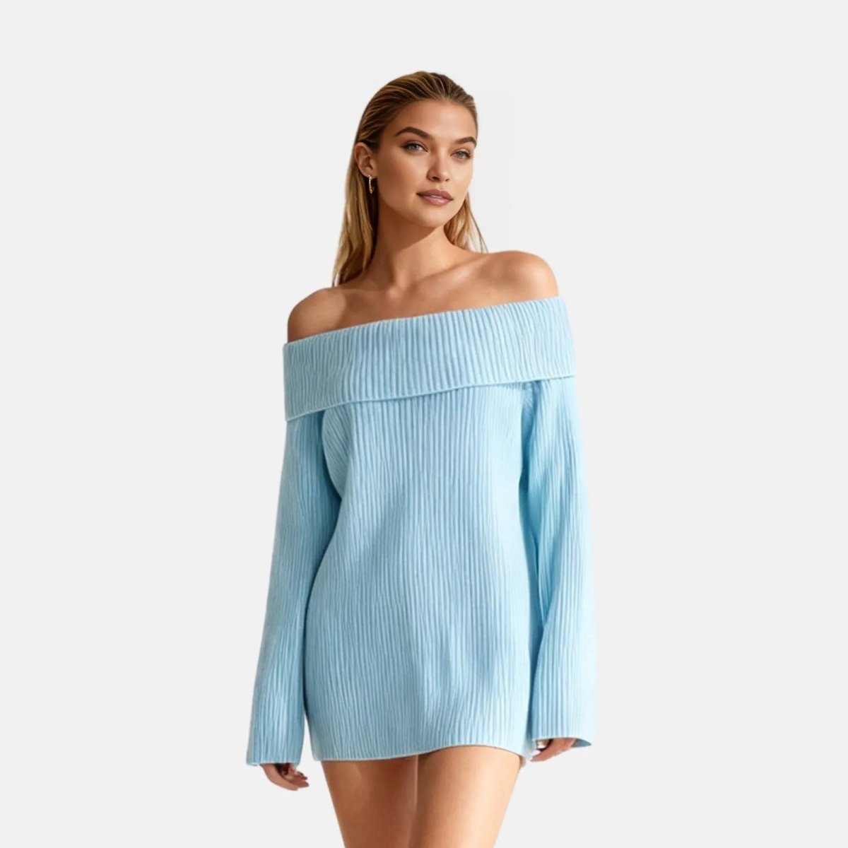 Oversized Off The Shoulder Sweater Dress Womens Slouchy Bardot Knit in Sky Blue | Chunky Ribbed Pullover Mini Dress | Kouvr Fashion Oversized Off The Shoulder Sweater Dress Womens Slouchy Bardot Knit in Sky Blue | Chunky Ribbed Pullover Mini Dress | Kouvr Fashion
