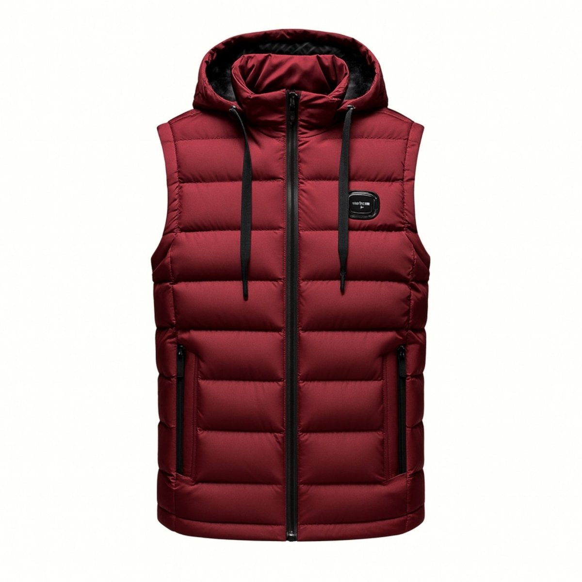 Close-up of the upper chest and hood area of the Kouvr Jomari Vest, showing the zipper, brand plaque, and fabric sheen.